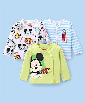 Babyhug Disney Interlock Knit Full Sleeves Jhablas With Mickey Mouse Graphics & Badge Applique Pack of 3 - Blue White & Green