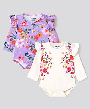 Bonfino 100% Cotton Knit Full Sleeves Onesies With Floral Print & Frill Detailing Pack Of 2 - White & Purple