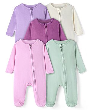 Bonfino 100% Cotton Knit Full Sleeves Solid Colour  Sleep Suits Pack of 5 - Off White Lilac & Purple