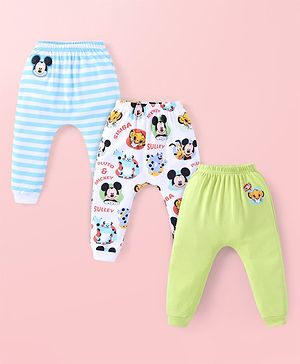 Babyhug Disney Interlock Knit Full Length Leggings With Mickey Mouse Simba & Sullivan Graphics Pack of 3 - Light Blue White & Green