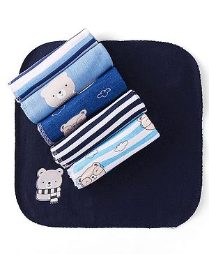 Babyhug Knit Terry Hand and Face Towels with Stripes & Bear Print L 25.4 x B 25.4 cm Pack of 6 - Blue & White