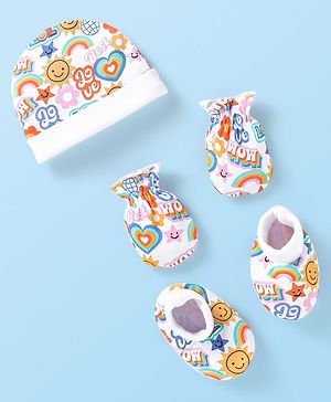Babyhug 100% Cotton Knit Cap Mittens & Booties Set with Sun Heart & Text Print - White