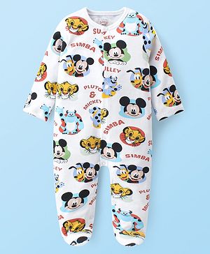 Babyhug Disney Interlock Knit Full Sleeves Front Open Footed Sleep Suit with Mickey Mouse Graphics - White