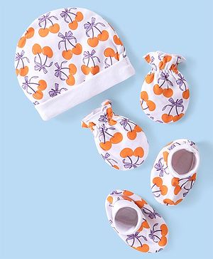 Babyhug 100% Cotton Cap Mittens And Booties Fruit  Printed - White