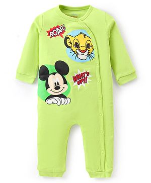 Babyhug Disney Interlock Knit Full Sleeves Romper with Mickey Mouse & The Lion King Graphics- Light Green