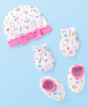 Babyhug 100% Cotton Knit Cap Mittens & Booties With Bow Applique Pink & White - Diameter 9 cm