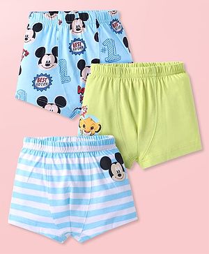 Babyhug Disney Lycra Knit Striped Mickey Mouse & The Lion King Printed Trunks Pack of 3 - Light Blue & Green