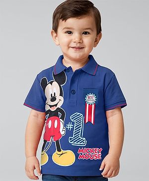 Babyhug Disney Single Jersey Knit Half Sleeves Polo T-Shirt With Mickey Mouse Graphics & Badge Applique - Blue