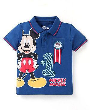 Babyhug Disney Single Jersey Knit Half Sleeves Polo T-Shirt With Mickey Mouse Graphics & Badge Applique - Blue