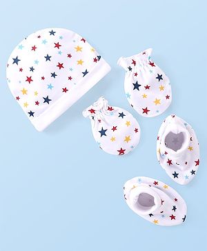 Babyhug 100% Cotton Interlock Knit Cap Mitten & Booties with Star   Print -White