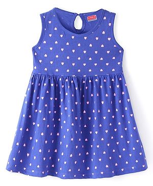 Babyhug Single Jersey Sleeveless Knee Length Frock with Hearts Print - Blue