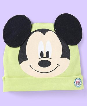 Babyhug Disney Interlock Knit Winter Cap with Mickey Mouse Applique - Light Green