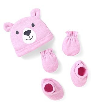Babyhug 100% Cotton Knit Cap Mittens & Booties With Bear Applique Pink - Diameter 9 cm