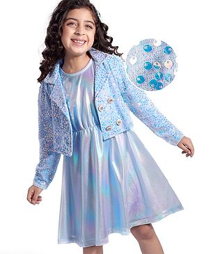 Hola Bonita Knit Shimmered Party Frock with Full Sleeves Sequined Embroidered Jacket - Light Blue