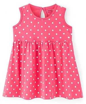 Babyhug Single Jersey Knit Sleeveless Frock with Polka Dots Print - Dark Pink