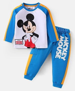 Babyhug Disney Cotton Knit Full Raglan Sleeves T-Shirt & Joggers Set with Mickey Mouse Print - Blue