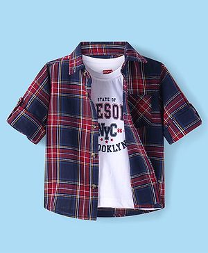 Babyhug Cotton Woven Full Sleeves Shirt With Checks & Printed Inner Tee - Navy & Wine