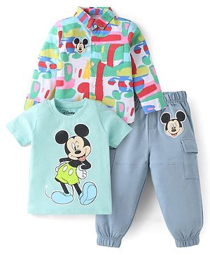 Babyhug Disney Cotton Knit Full Sleeves Shirt & Lounge Pant Set With T-Shirt & Mickey Mouse Graphics - Light Blue