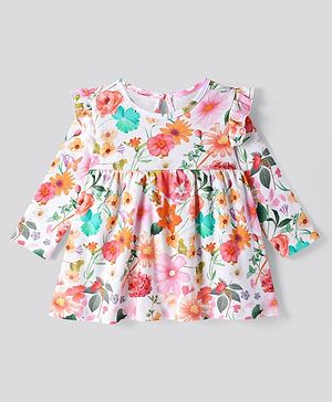 Bonfino 100% Cotton Knit Full Sleeves Floral Printed Frock with Frill Detailing  - White
