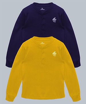 Kiddopanti Pack Of 2 Cotton Full Sleeves Brand Name Text Printed Tees - Navy Blue & Mustard