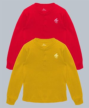 Kiddopanti Pack Of 2 Cotton Full Sleeves Brand Name Text Printed Tees - Red & Mustard