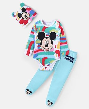 Babyhug Disney Interlock Knit Full Sleeves Onesies With Leggings & Cap 3D Ear Mickey Mouse Graphics & Applique - Blue & Red