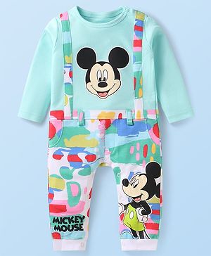 Babyhug Disney Interlock Knit Full Sleeve Rompers With Mickey Mouse Graphics - Light Blue