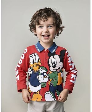 Babyhug Disney Single Jersey Knit Full Sleeves Polo T-Shirt With Mickey Mouse & Donald Duck Graphics - Red