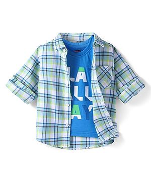 Babyhug Cotton Woven Full Sleeves Shirt With Checks & Printed Inner Tee - Blue