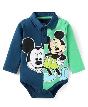 Babyhug Disney Interlock Knit Full Sleeves Onesie With Mickey Mouse Graphics - Navy Blue & Green