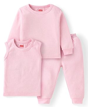 Babyhug Full Sleeves Solid Colour Thermal Pullover Vests & Pant Set - Pink
