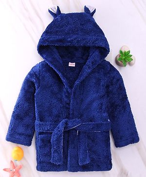 Babyhug Velour  Knit Full Sleeves Hooded Bath Robe With Ear Flaps - Navy Blue
