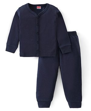 Babyhug Cotton Full Sleeves Solid Color Front Open Thermal Vest & Pant Set - Navy Blue