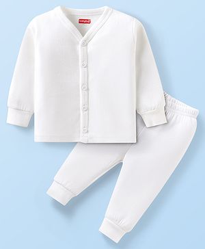 Babyhug Full Sleeves Front Open Solid Thermal Vest & Leggings - White