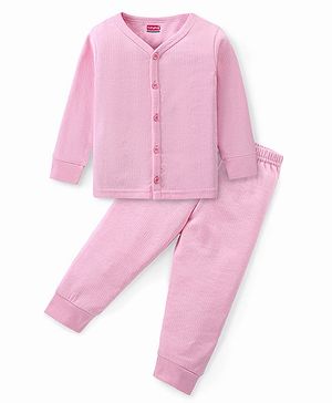 Babyhug Full Sleeves Solid Colour Thermal Vest & Pant Set - Pink