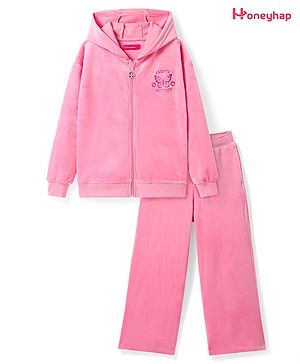 Honeyhap Premium Velour Knit Full Sleeves Text Embroidered Hooded Sweatjacket & Pant Set with Bio Finish - Pink