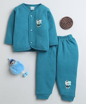 BUMZEE Fleece Full Sleeves Teddy Bear Printed Winter Wear Set - Morpho Blue