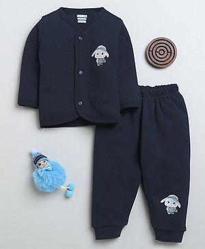 BUMZEE Fleece Full Sleeves Bunny Printed Winter Wear Set - Navy Blue