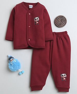 BUMZEE Fleece Full Sleeves Panda Printed Winter Wear Set - Maroon