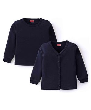 Babyhug Full Sleeves Solid Colour Pullover & Front Open Thermal Vests Pack of 2 - Navy Blue
