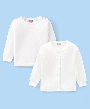 Babyhug Full Sleeves Solid Color Front Open Thermal Vest & Pullover Combo Set Pack Of 2- White