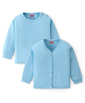 Babyhug Cotton Full Sleeves Solid Colour Pullover & Front Open Thermal Vests Pack of 2 - Light Blue