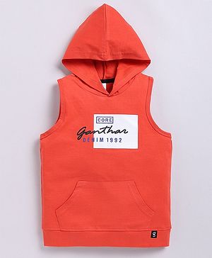 giniekids Pure Cotton Sleeveless Ganthar Text Printed Hooded Tee - Orange