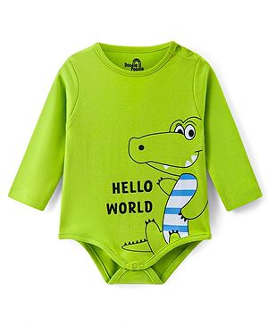 Doodle Poodle 100% Cotton Knit Full Sleeves Hello World Crocodile Printed Onesie  -Neon Green