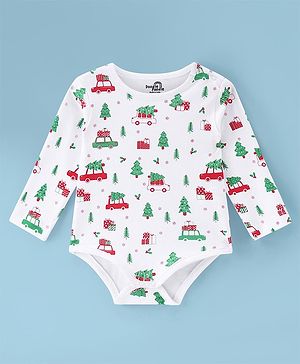 Doodle Poodle 100% Cotton Knit Full Sleeves Onesie Christmas & Car Print  -White