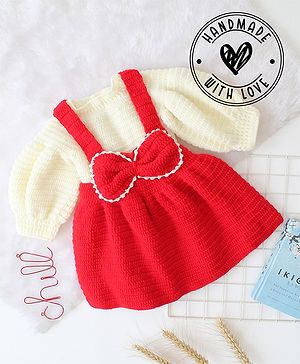 Woonie Full Sleeves Sweater & Bow Detail Dress Style Dungaree - Red