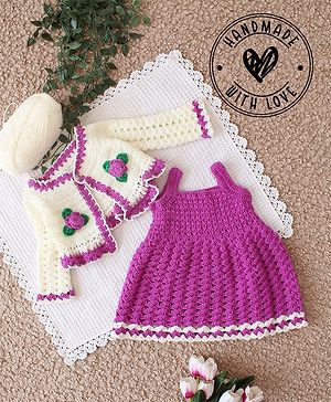 Woonie Crocheted Dress With Full Sleeves Floral Applique Detail Shrug - Purple