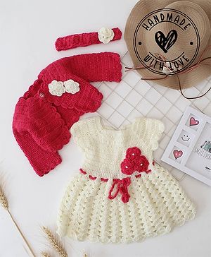 Woonie Crochet Floral Applique Detailed Handmade Dress With Full Sleeves Shrug & Headband - Pink