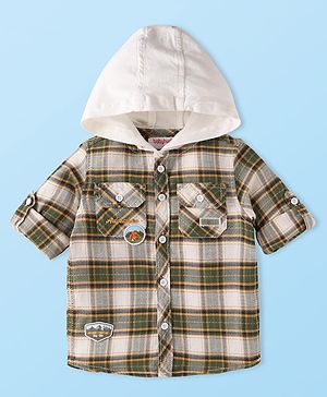 Babyhug Cotton Woven Full Sleeves Checkered Shirt with Hood - Olive Green