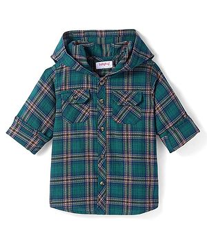 Babyhug Cotton Woven Full Sleeves Checkered Hooded Shirt - Dark Green
